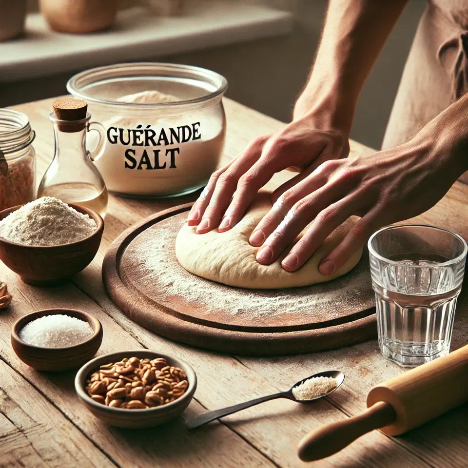 Mains pétrissant une boule de pâte à pizza sur une planche farinée, à côté d'un pot de sel de Guérande